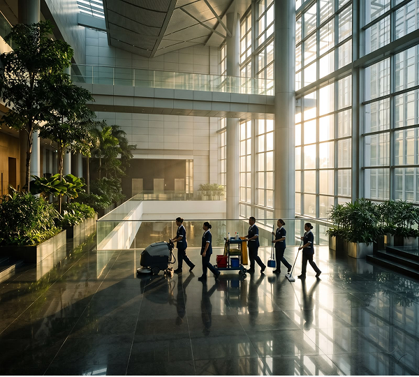 Professional commercial cleaning team at work